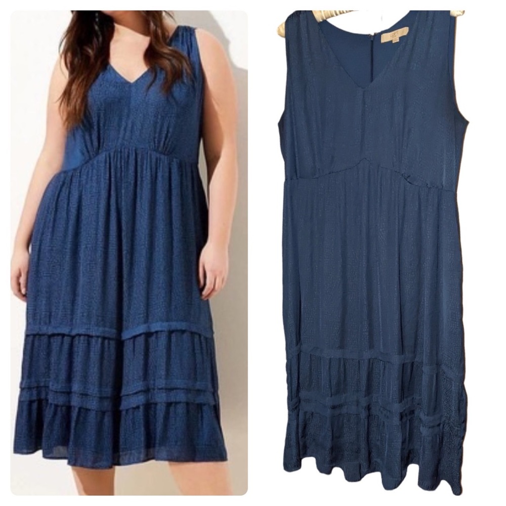 LOFT Blue Spotted Tiered Pocket Midi Dress
